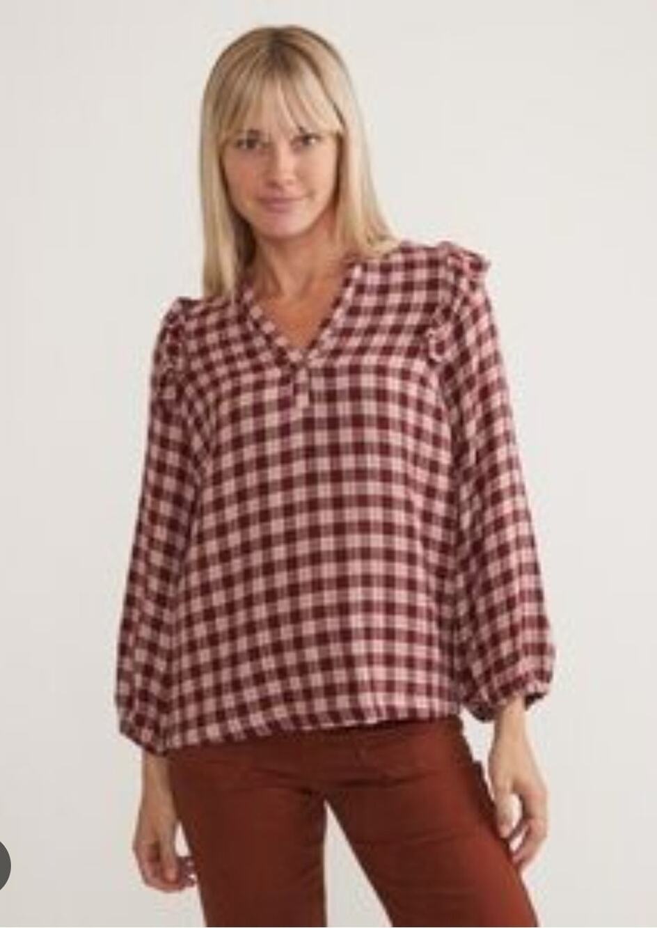 Marine Layer Jamie Ruffle Sleeve Pink Plaid Top Large